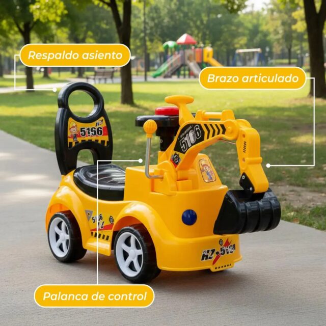 Carrito tipo excavadora para niños pequeños en amarillo y negro, con asiento, respaldo alto y manija para empujar, brazo con cucharón y ruedas de llanta blanca, para jugar en casa o en el patio, foto 4 de 5