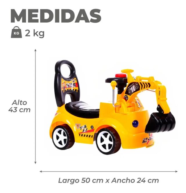 Carrito tipo excavadora para niños pequeños en amarillo y negro, con asiento, respaldo alto y manija para empujar, brazo con cucharón y ruedas de llanta blanca, para jugar en casa o en el patio, foto 5 de 5