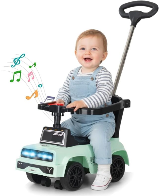 Buggy infantil verde claro con manillar para empujar, ruedas giratorias de 360 grados, dirección limitada, luces y música, caja de almacenamiento y barra de seguridad para niños de 0 a 2 años, foto 1 de 8
