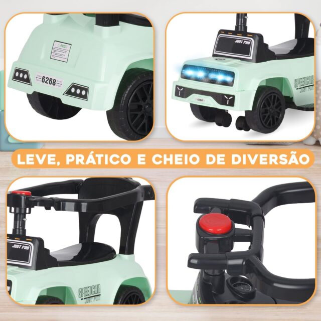 Buggy infantil verde claro con manillar para empujar, ruedas giratorias de 360 grados, dirección limitada, luces y música, caja de almacenamiento y barra de seguridad para niños de 0 a 2 años, foto 2 de 8