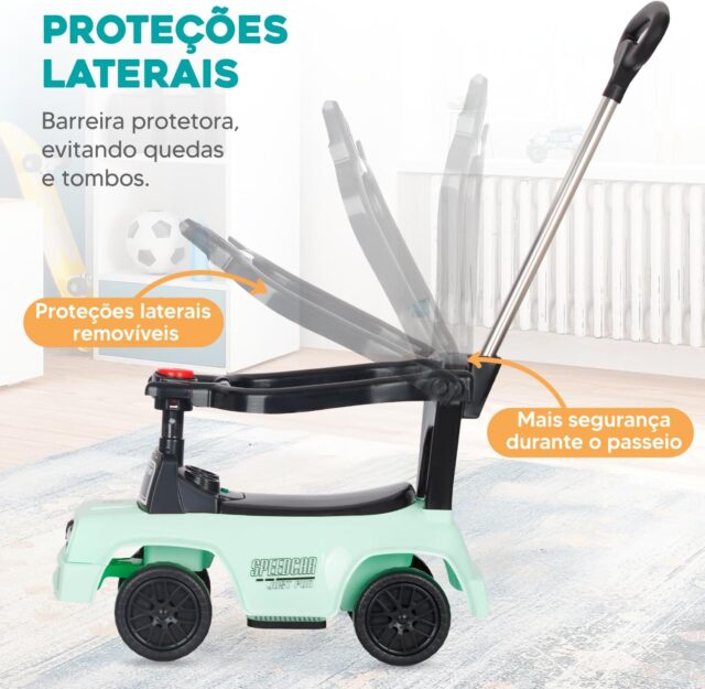 Buggy infantil verde claro con manillar para empujar, ruedas giratorias de 360 grados, dirección limitada, luces y música, caja de almacenamiento y barra de seguridad para niños de 0 a 2 años, foto 3 de 8