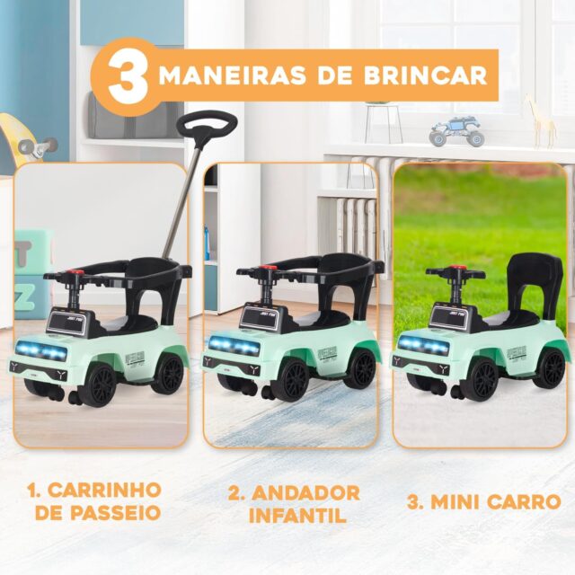 Buggy infantil verde claro con manillar para empujar, ruedas giratorias de 360 grados, dirección limitada, luces y música, caja de almacenamiento y barra de seguridad para niños de 0 a 2 años, foto 4 de 8