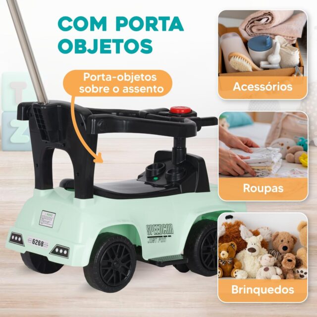 Buggy infantil verde claro con manillar para empujar, ruedas giratorias de 360 grados, dirección limitada, luces y música, caja de almacenamiento y barra de seguridad para niños de 0 a 2 años, foto 6 de 8