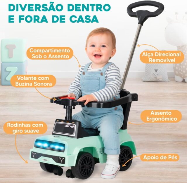 Buggy infantil verde claro con manillar para empujar, ruedas giratorias de 360 grados, dirección limitada, luces y música, caja de almacenamiento y barra de seguridad para niños de 0 a 2 años, foto 7 de 8