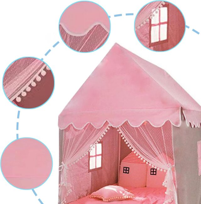 Tienda de campaña infantil para interior color rosada de poliéster con paredes de malla y adornos de pompones blancos, mide 77 cm de alto por 93 cm de ancho, para jugar en casa, foto 2 de 7