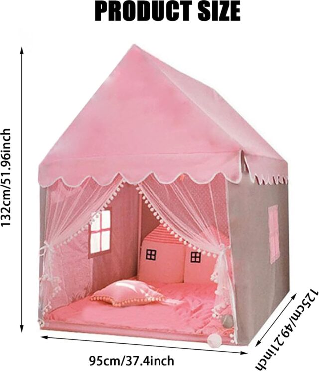 Tienda de campaña infantil para interior color rosada de poliéster con paredes de malla y adornos de pompones blancos, mide 77 cm de alto por 93 cm de ancho, para jugar en casa, foto 3 de 7