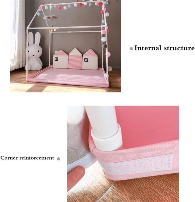 Tienda de campaña infantil para interior color rosada de poliéster con paredes de malla y adornos de pompones blancos, mide 77 cm de alto por 93 cm de ancho, para jugar en casa, foto 5 de 7