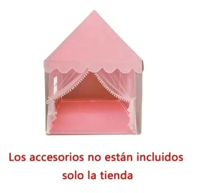 Tienda de campaña infantil para interior color rosada de poliéster con paredes de malla y adornos de pompones blancos, mide 77 cm de alto por 93 cm de ancho, para jugar en casa, foto 6 de 7