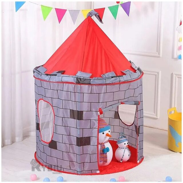 Tienda de juego infantil tipo castillo para interior y exterior, para 2 o 3 niños, con dos ventanas laterales, puerta frontal enrollable, instalación con varillas y funda de transporte con cremallera, foto 1 de 7