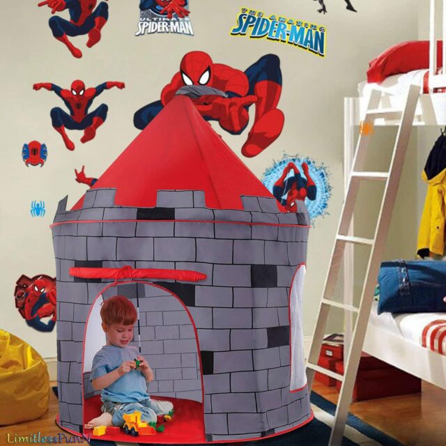 Tienda de juego infantil tipo castillo para interior y exterior, para 2 o 3 niños, con dos ventanas laterales, puerta frontal enrollable, instalación con varillas y funda de transporte con cremallera, foto 5 de 7