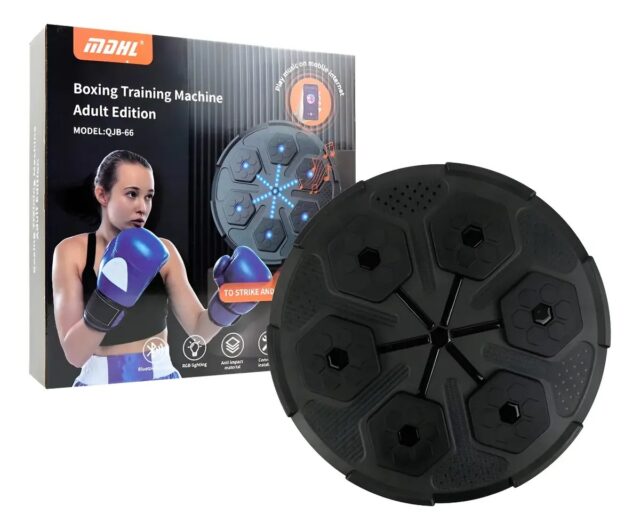 Máquina de entrenamiento de boxeo para pared QJB-77 negra, con luces LED y conexión Bluetooth para reproducir música desde el celular, para practicar golpes, reflejos y cardio en casa, foto 2 de 4