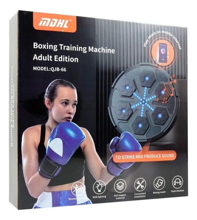 Máquina de entrenamiento de boxeo para pared QJB-77 negra, con luces LED y conexión Bluetooth para reproducir música desde el celular, para practicar golpes, reflejos y cardio en casa, foto 3 de 4
