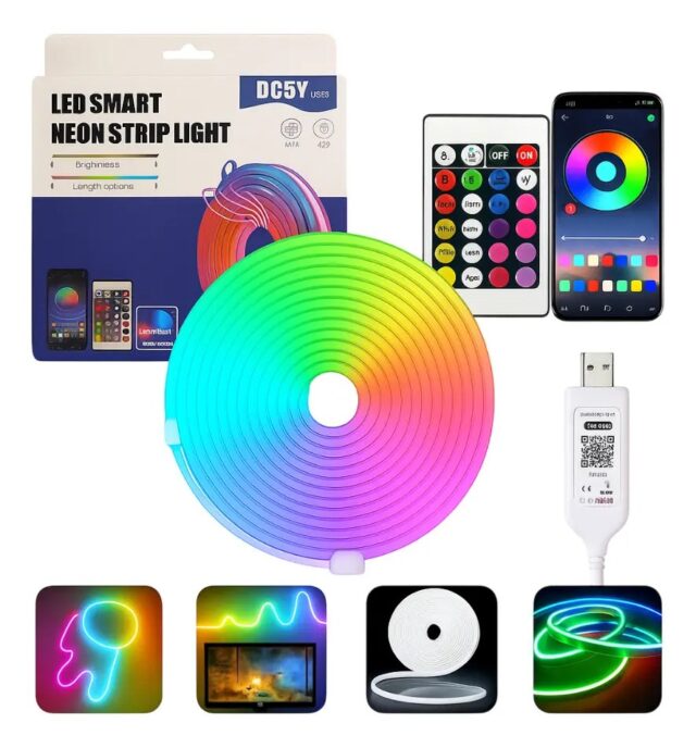 Tira de luz LED neón inteligente RGBIC de 10 m con Bluetooth, control por app y mando IR, modos de música, DIY y temporizador, para decorar gaming, cuartos y salas de forma personalizada, foto 3 de 4
