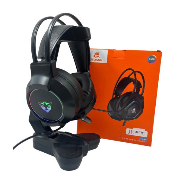 Audífonos gamer JEQANG JH-750 con cable y conector USB, luces RGB, micrófono de brazo, almohadillas acolchadas y soporte para audífonos, para jugar y chatear en computadora, foto 1 de 2