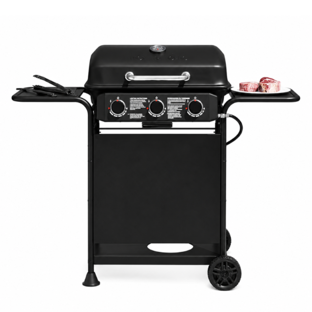 Parrilla a gas con 3 quemadores de 3kW, carrito móvil con ruedas, rejilla para parrilla y mesa auxiliar, foto 2 de 4