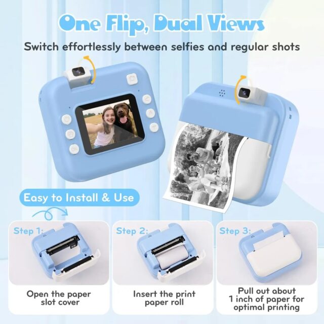 Cámara digital infantil con impresora instantánea celeste, grabación de video en resolución HD y compatibilidad con tarjetas TF de 8 GB a 128 GB, para que los niños tomen y lleven sus fotos impresas, foto 2 de 6