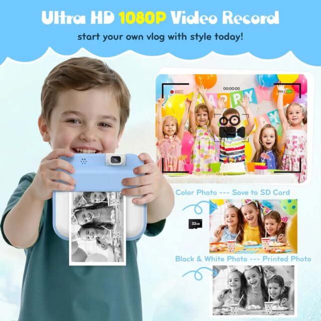 Cámara digital infantil con impresora instantánea celeste, grabación de video en resolución HD y compatibilidad con tarjetas TF de 8 GB a 128 GB, para que los niños tomen y lleven sus fotos impresas, foto 3 de 6