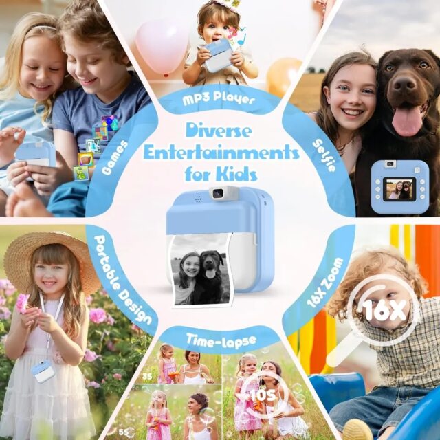 Cámara digital infantil con impresora instantánea celeste, grabación de video en resolución HD y compatibilidad con tarjetas TF de 8 GB a 128 GB, para que los niños tomen y lleven sus fotos impresas, foto 4 de 6