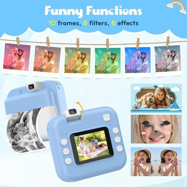 Cámara digital infantil con impresora instantánea celeste, grabación de video en resolución HD y compatibilidad con tarjetas TF de 8 GB a 128 GB, para que los niños tomen y lleven sus fotos impresas, foto 5 de 6