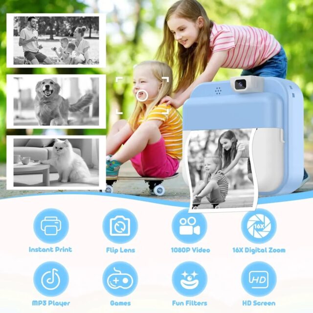 Cámara digital infantil con impresora instantánea celeste, grabación de video en resolución HD y compatibilidad con tarjetas TF de 8 GB a 128 GB, para que los niños tomen y lleven sus fotos impresas, foto 6 de 6