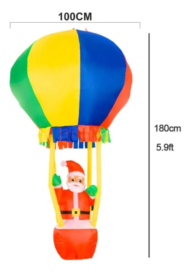 Inflable navideño de Santa Claus saludando desde la canasta de un globo aerostático multicolor, decoración festiva para patio, jardín o fachada en temporada de Navidad, ideal para exteriores, foto 5 de 6