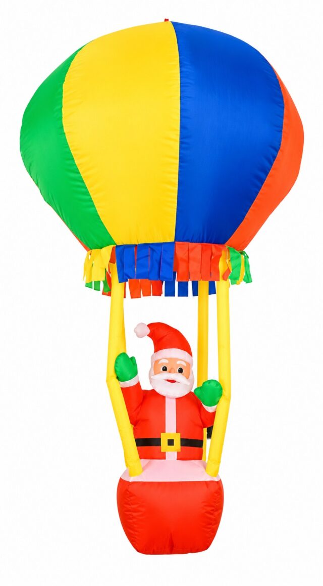 Inflable navideño de Santa Claus saludando desde la canasta de un globo aerostático multicolor, decoración festiva para patio, jardín o fachada en temporada de Navidad, ideal para exteriores, foto 6 de 6