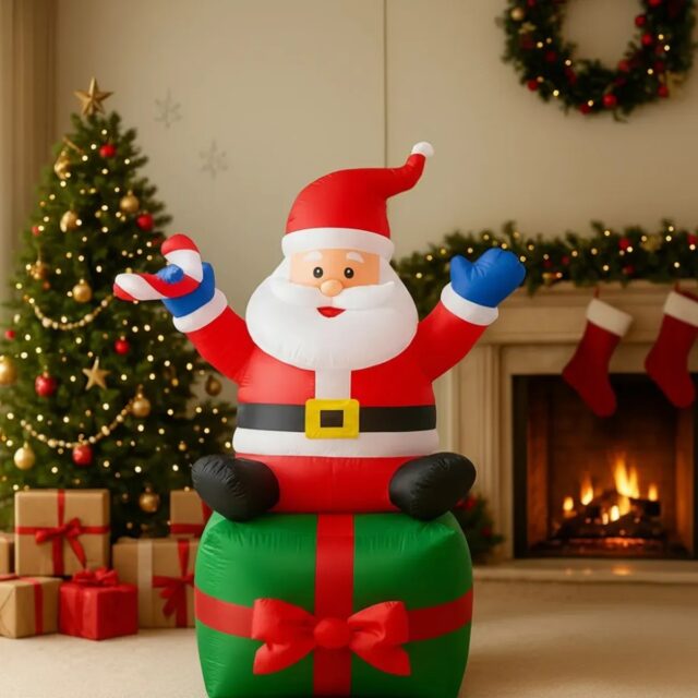 Inflable navideño de Papá Noel sobre caja de regalo verde con lazo rojo, con bastón de dulce en una mano y saludo con la otra, iluminado por dentro, para decorar patio o jardín en Navidad, foto 1 de 4