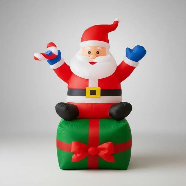 Inflable navideño de Papá Noel sobre caja de regalo verde con lazo rojo, con bastón de dulce en una mano y saludo con la otra, iluminado por dentro, para decorar patio o jardín en Navidad, foto 3 de 4