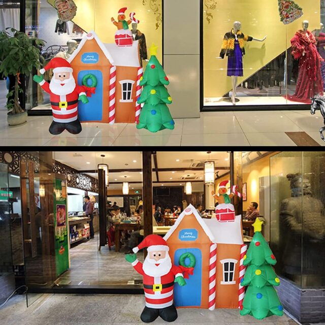 Inflable navideño de Papá Noel junto a una casa de galleta de jengibre con bastones de caramelo, árbol de Navidad y muñeco de galleta en la chimenea, decoración exterior para jardín y patio en fiestas, foto 4 de 6