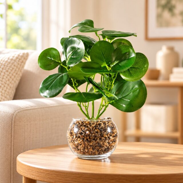 Decoración verde artificial en florero de vidrio con planta incluida y grava decorativa en el fondo, de hojas redondas y acabado limpio, para hogar, oficina o recepciones sin requerir cuidados, foto 1 de 3