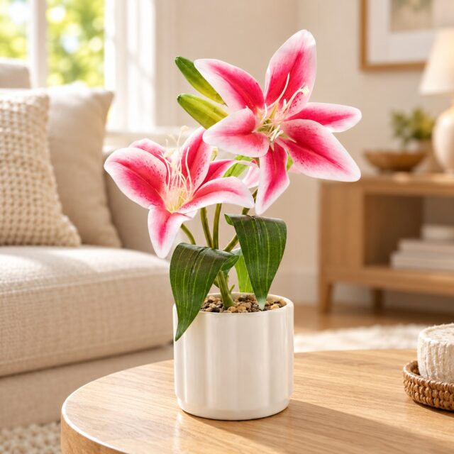 Arreglo de lirios artificiales rosa con hojas verdes en florero blanco acanalado de decoración, planta decorativa sin mantenimiento para sala, comedor o escritorio en espacios interiores, foto 1 de 4