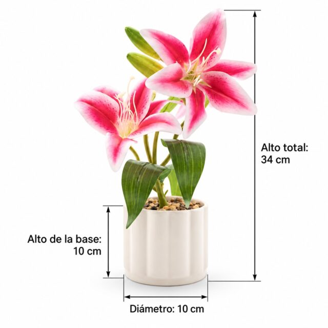 Arreglo de lirios artificiales rosa con hojas verdes en florero blanco acanalado de decoración, planta decorativa sin mantenimiento para sala, comedor o escritorio en espacios interiores, foto 3 de 4