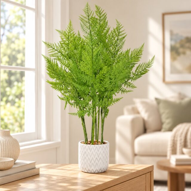 Helecho artificial frondoso de 70 cm con maceta de concreto moderna, follaje de textura natural y 15 cm de ancho, decoración de interiores para mesas auxiliares, repisas y escritorios, sin riego, foto 1 de 4