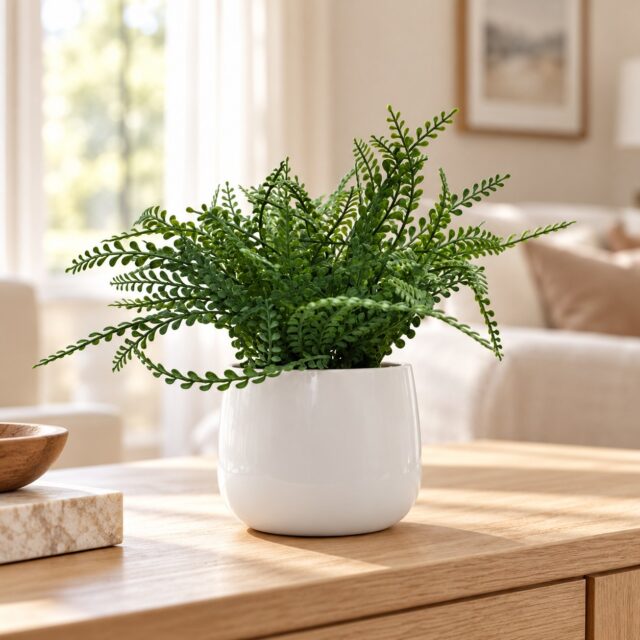 Helecho artificial en florero de cerámica con hojas de textura natural, compacto y de 32 cm de alto, sin riego ni poda, para escritorio, baño o repisa de cocina, decoración verde de bajo cuidado, foto 1 de 4