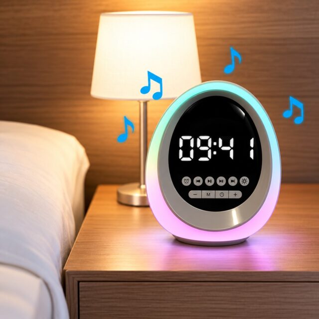 Reloj despertador digital con altavoz Bluetooth inalámbrico resistente al agua y luz nocturna 3 en 1, blanco de forma redonda, 15 x 20 cm, funciona con pilas (no incluidas), para dormitorio, foto 1 de 5