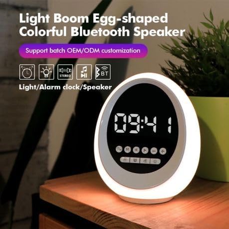 Reloj despertador digital con altavoz Bluetooth inalámbrico resistente al agua y luz nocturna 3 en 1, blanco de forma redonda, 15 x 20 cm, funciona con pilas (no incluidas), para dormitorio, foto 4 de 5