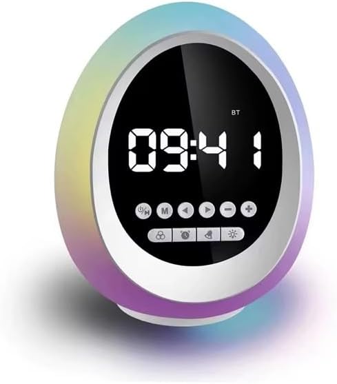 Reloj despertador digital con altavoz Bluetooth inalámbrico resistente al agua y luz nocturna 3 en 1, blanco de forma redonda, 15 x 20 cm, funciona con pilas (no incluidas), para dormitorio, foto 5 de 5