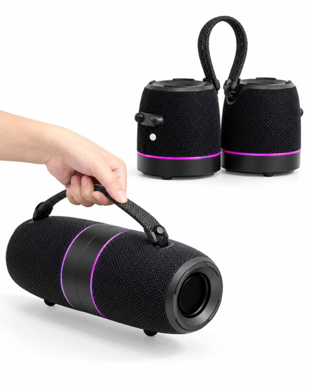 Parlante M35 negro con Bluetooth, dos torres magnéticas que se unen o separan, 16 W de potencia, sonido estéreo TWS, luces LED que cambian con la música, batería recargable, acabado en tela trenzada, foto 2 de 5