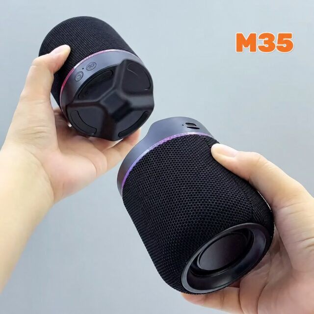 Parlante M35 negro con Bluetooth, dos torres magnéticas que se unen o separan, 16 W de potencia, sonido estéreo TWS, luces LED que cambian con la música, batería recargable, acabado en tela trenzada, foto 3 de 5