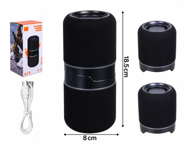 Parlante M35 negro con Bluetooth, dos torres magnéticas que se unen o separan, 16 W de potencia, sonido estéreo TWS, luces LED que cambian con la música, batería recargable, acabado en tela trenzada, foto 4 de 5