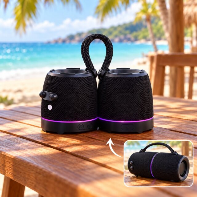 Parlante M35 negro con Bluetooth, dos torres magnéticas que se unen o separan, 16 W de potencia, sonido estéreo TWS, luces LED que cambian con la música, batería recargable, acabado en tela trenzada, foto 1 de 5
