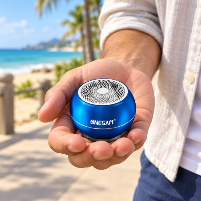 Parlante inalámbrico Bluetooth Onesam OS-D23 azul, fácil de llevar, para escuchar música desde tus dispositivos, complementar el sonido de tu computadora y llevarlo de la oficina a la casa, foto 3 de 3