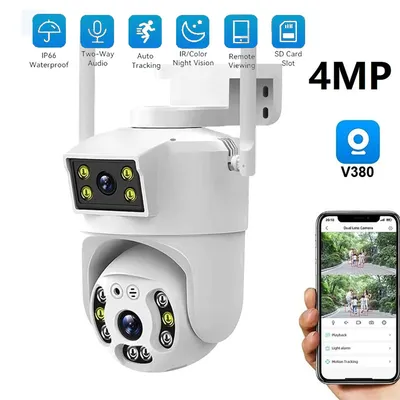 Cámara CCTV IP WiFi doble lente 4MP V380 PRO con control PTZ 350°, visión infrarroja, impermeable IP66 y app móvil para seguridad exterior, foto 1 de 5