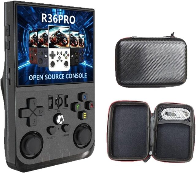 Consola de videojuegos portátil R36Pro con pantalla IPS de 3.5 pulgadas, sistema Linux, CPU RK3326 de 4 núcleos, 1GB de RAM, joysticks 3D duales, Wi-Fi y batería de hasta 6 horas para juegos retro, foto 1 de 9