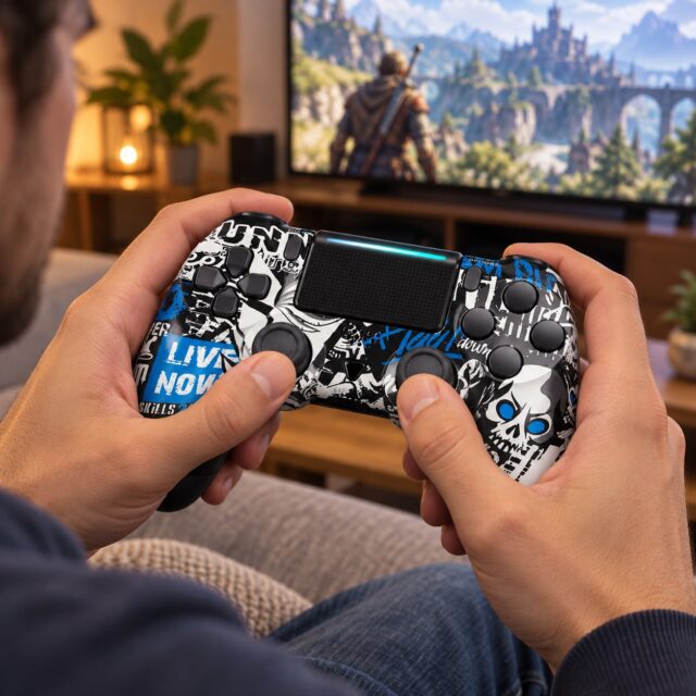 Control inalámbrico Bluetooth tipo PS4 para videojuegos con almohadilla táctil, botón SHARE, cuatro luces LED, toma para audífonos y parlante integrado, y cable USB incluido, foto 1 de 3