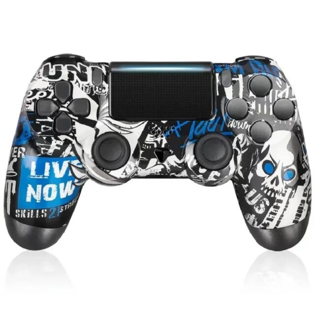 Control inalámbrico Bluetooth tipo PS4 para videojuegos con almohadilla táctil, botón SHARE, cuatro luces LED, toma para audífonos y parlante integrado, y cable USB incluido, foto 2 de 3