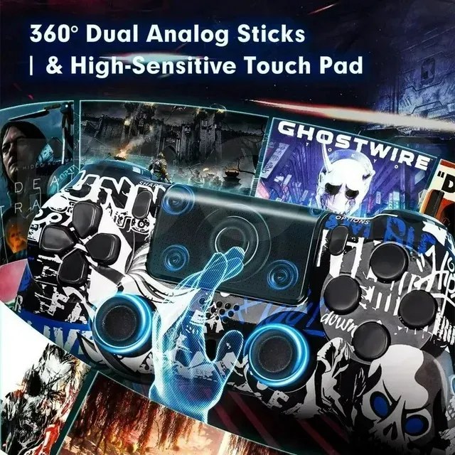 Control inalámbrico Bluetooth tipo PS4 para videojuegos con almohadilla táctil, botón SHARE, cuatro luces LED, toma para audífonos y parlante integrado, y cable USB incluido, foto 3 de 3