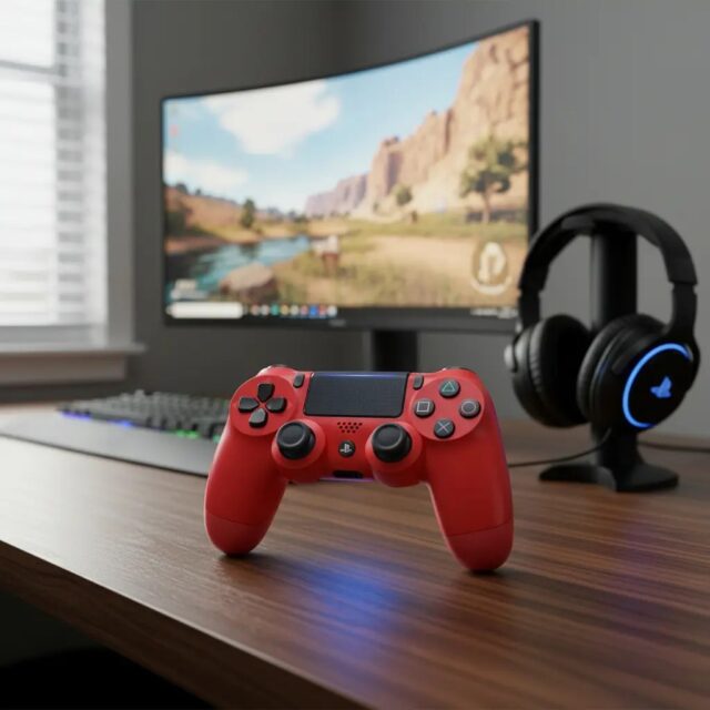 Mando inalámbrico rojo para videojuegos con Bluetooth o cable USB, vibración incorporada y diseño ergonómico, compatible con PC, celular, PS4, Android, iPhone e iOS para jugar en casa, foto 3 de 4