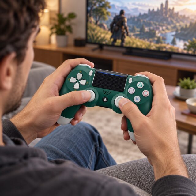 Control joystick para PlayStation 4 en color verde y blanco con diseño llamativo que se distingue de los tradicionales, ideal como control para jugar en compañía o reemplazar un mando gastado, foto 1 de 5