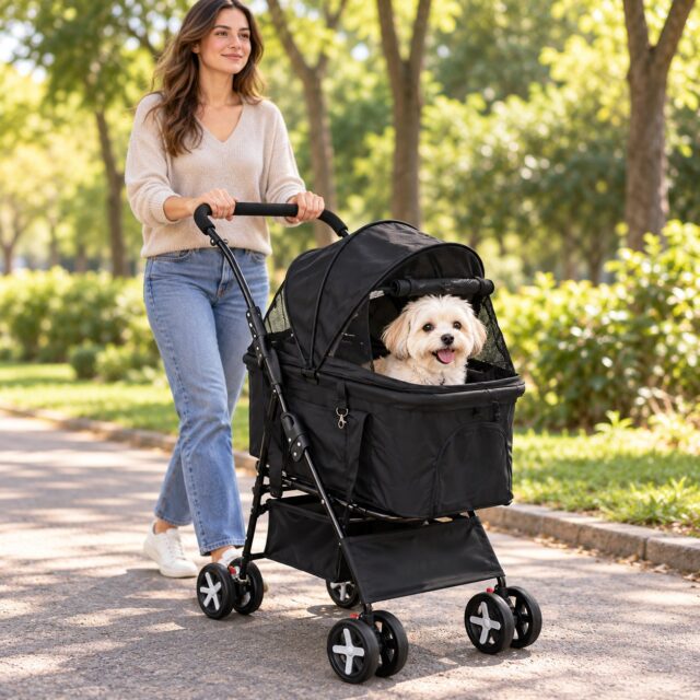 Carriola para mascotas negra WN'S DAY de cuatro ruedas con cubierta de malla, transportadora desmontable con asas y canasta de almacenaje inferior, plegable para paseos y viajes con perros y gatos, foto 1 de 7